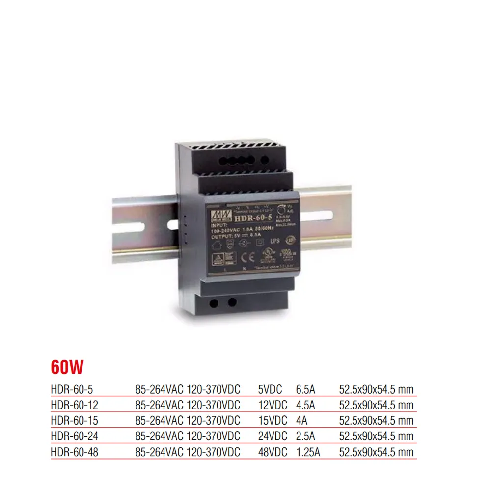 HDR-60-5 Meanwell 60 Watt 5 Vdc 6.5 Amper Plastik Kasa Ray Tipi Güç Kaynağı