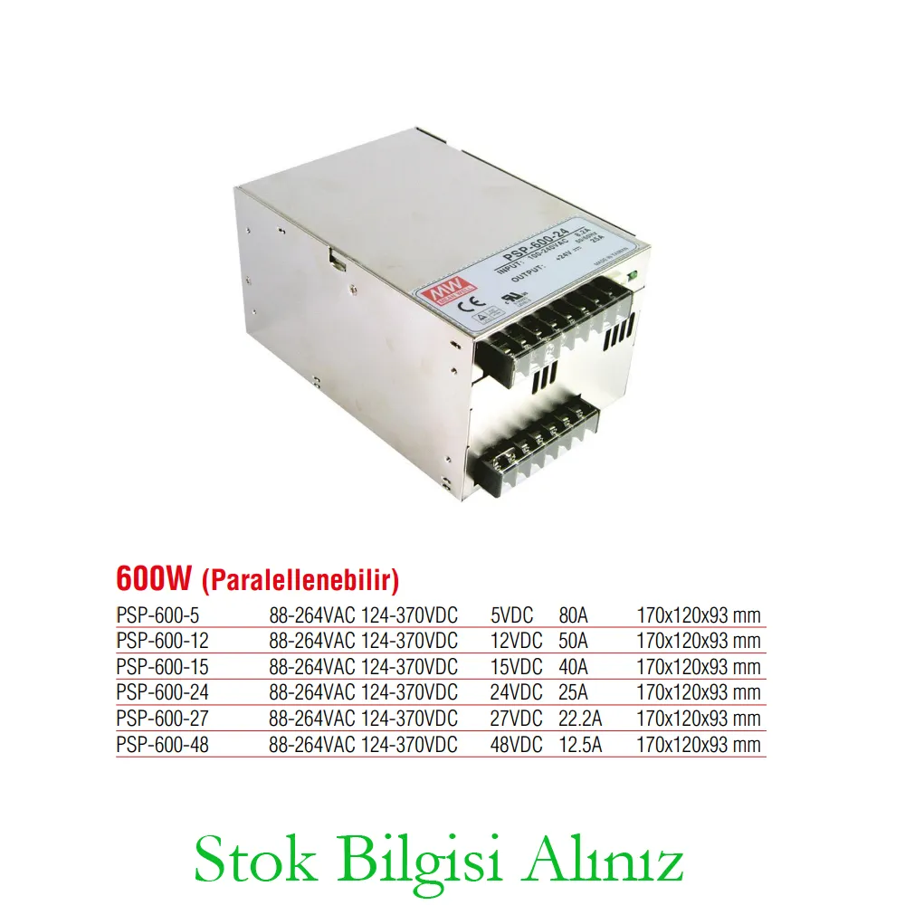 Meanwell PSP-600-24 Yüksek Verimli 600 Watt Paralellenebilir 24  Vdc 25 Amper Standart Güç Kaynağı